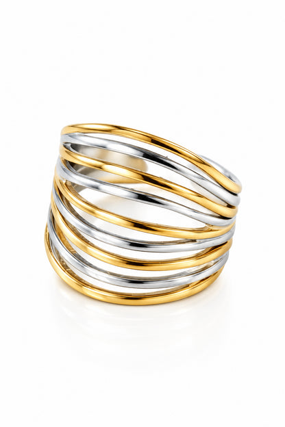 A multi-band wrap ring featuring alternating polished yellow gold and silver bands, displayed on a clean white background.