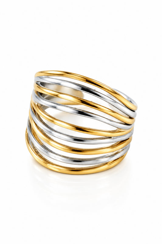 A multi-band wrap ring featuring alternating polished yellow gold and silver bands, displayed on a clean white background.