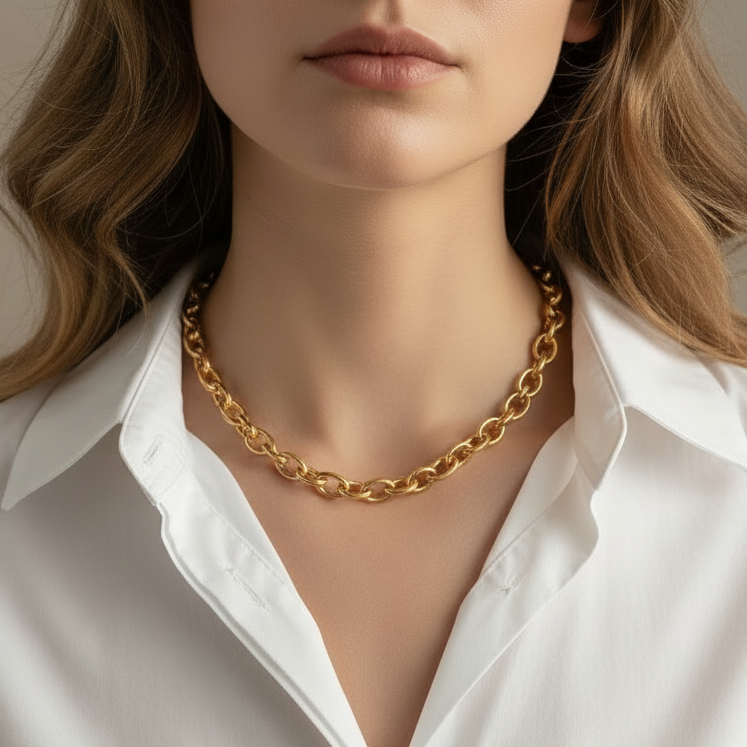 Person wearing a gold chain necklace with a white lace top.