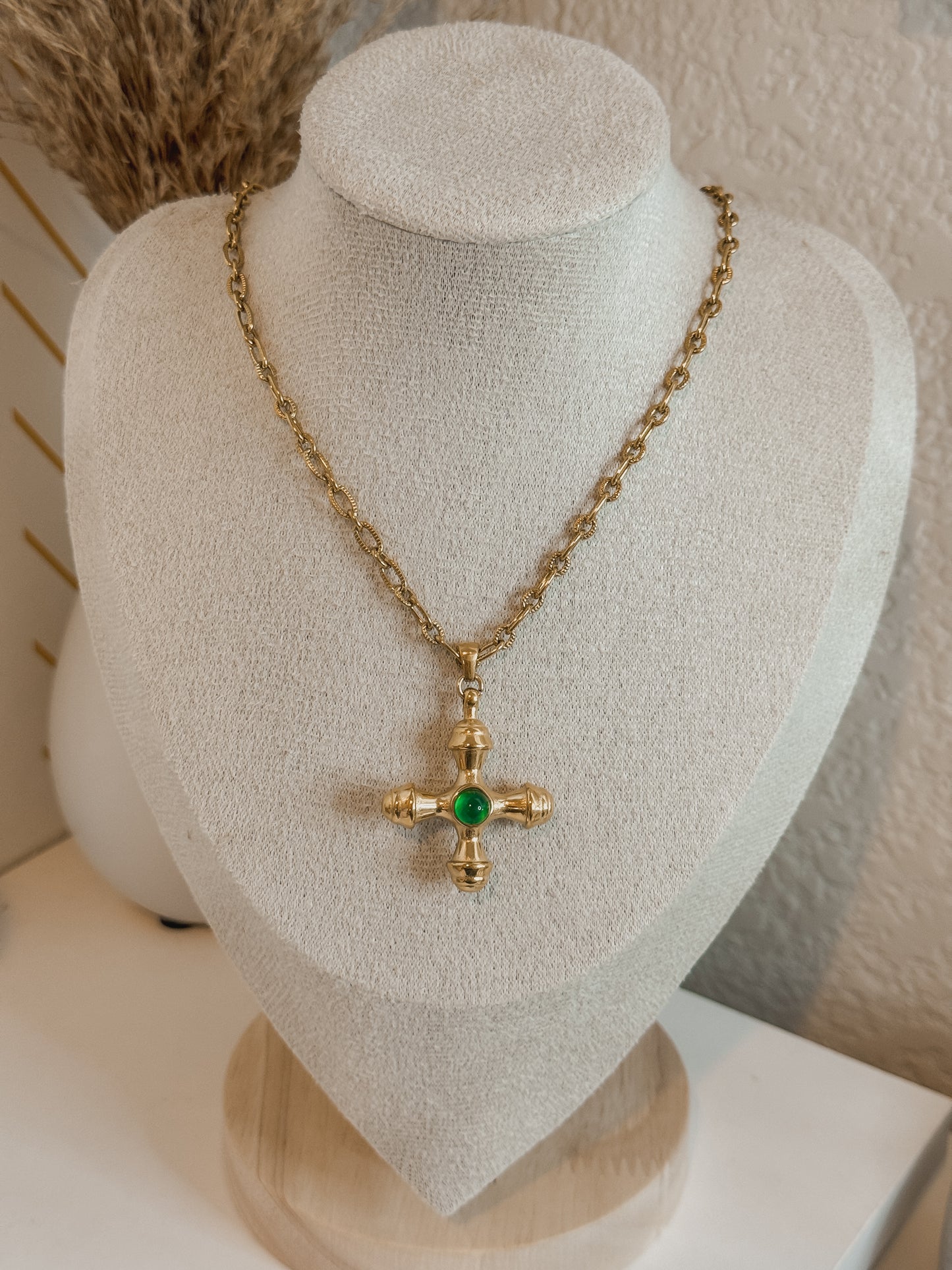 Emerald Green Vintage Cross Necklace